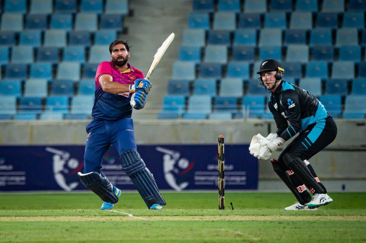 UAE captain Muhammad Waseem plays a shot against New Zealand. — Photos by Neeraj Murali