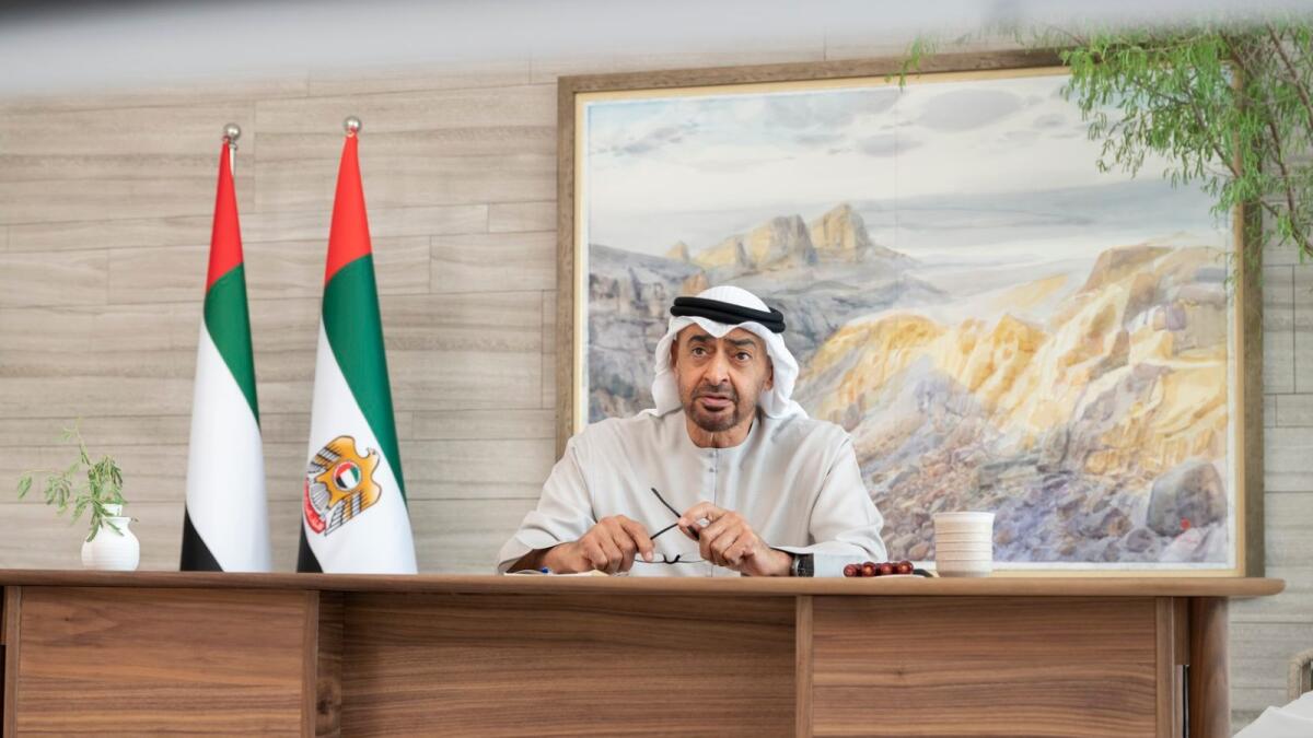 Sheikh Mohamed bin Zayed Al Nahyan delivers the opening speech during the virtual I2U2 summit with the leaders of India, Israel &amp; the US. Photo: WAM
