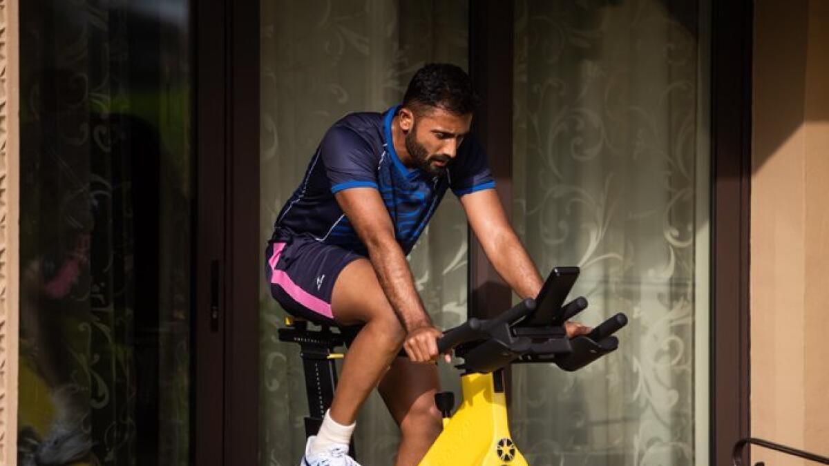 Rajasthan Royals player Shreyas Gopal keeping himself fit at the team hotel in Dubai. - Rajasthan Royals Twitter
