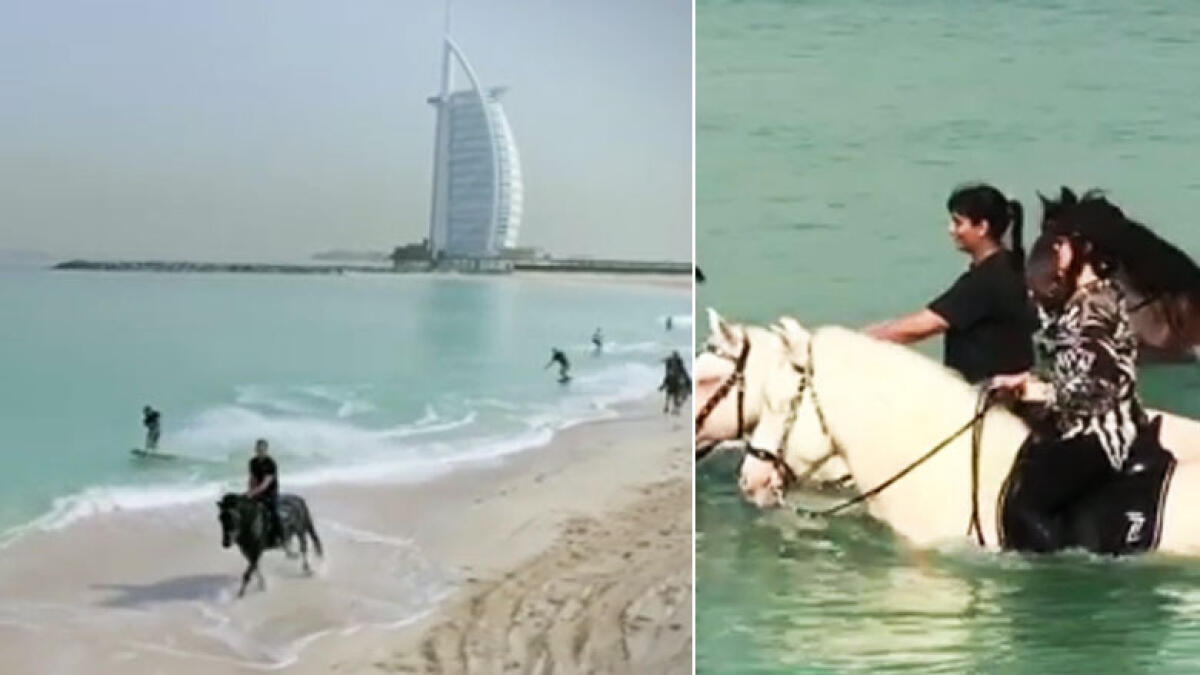 Video: Sheikh Mohammeds daughters perform horse surfing stunts on Dubai beach