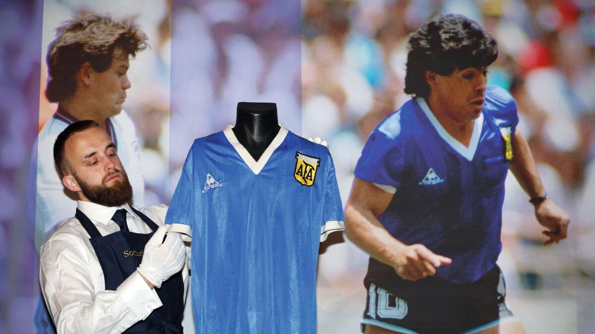 The shirt worn by Argentina's Diego Maradona during the 1986 World Cup quarterfinal against England. — AFP file