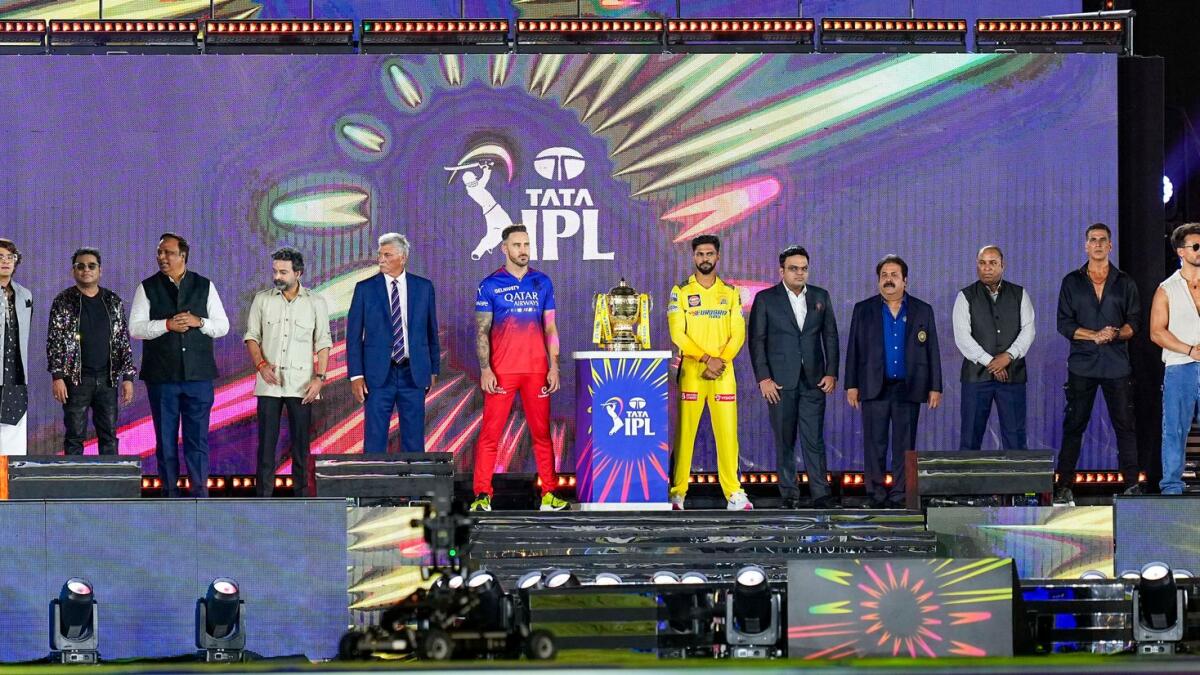 BCCI office-bearers with Chennai Super Kings skipper Ruturaj Gaikwad and Royal Challengers Bengaluru skipper Faf du Plessis during the opening ceremony of Indian Premier League (IPL) 2024. -  PTI