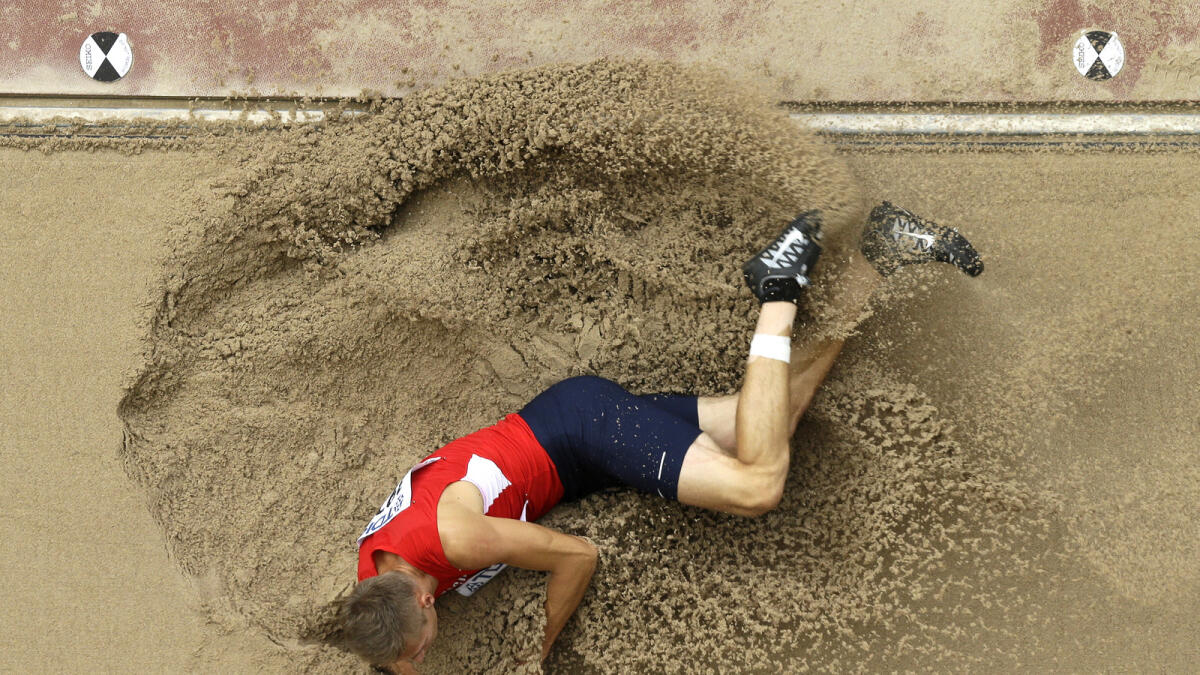 Czech Republic's Radek Juska competes in men's long jump qualification at the World Athletics Championships at the Bird's Nest stadium in Beijing, on Aug. 24, 2015. 