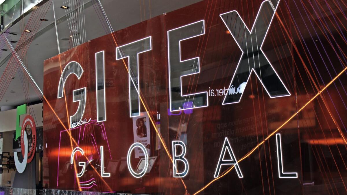 Dubai, United Arab Emirates - October 17, 2021: Official Gitex branding display at 'Gitex Global' - the world's biggest in-person technology event of the year - at Dubai World Trade Centre.