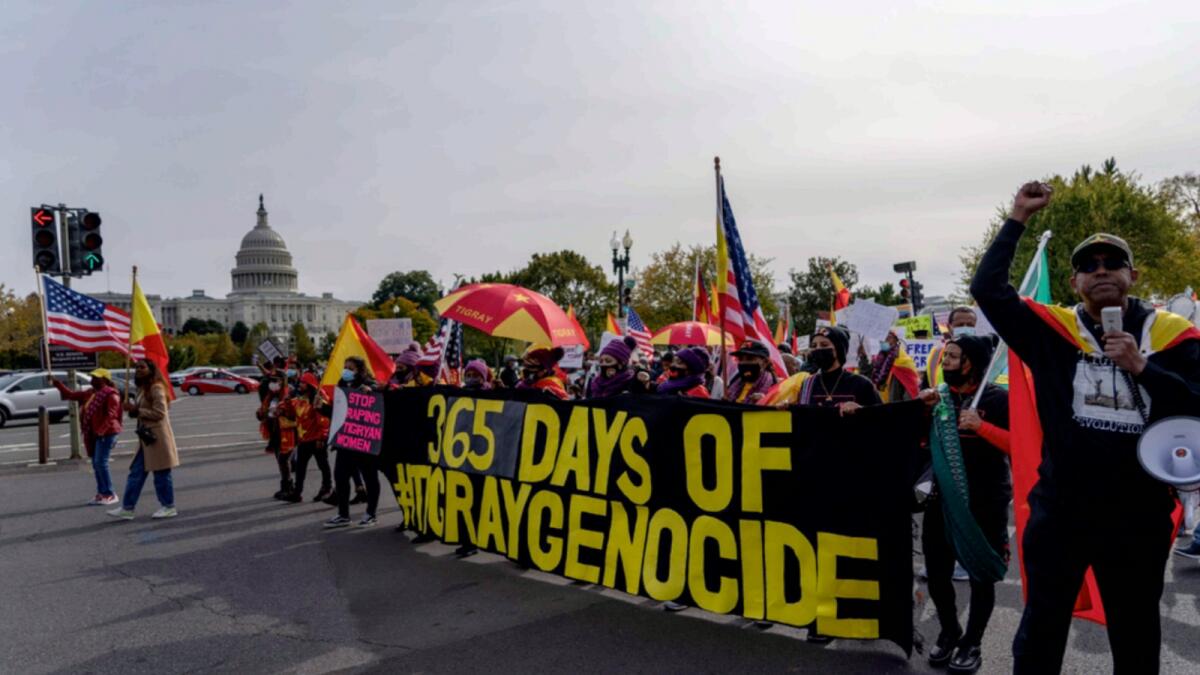 Exile Tigray community and their supporters march to mark a year since Ethiopia Prime Minister Abiy Ahmed's administration started fighting against the Tigray, at the US Capitol. — AP