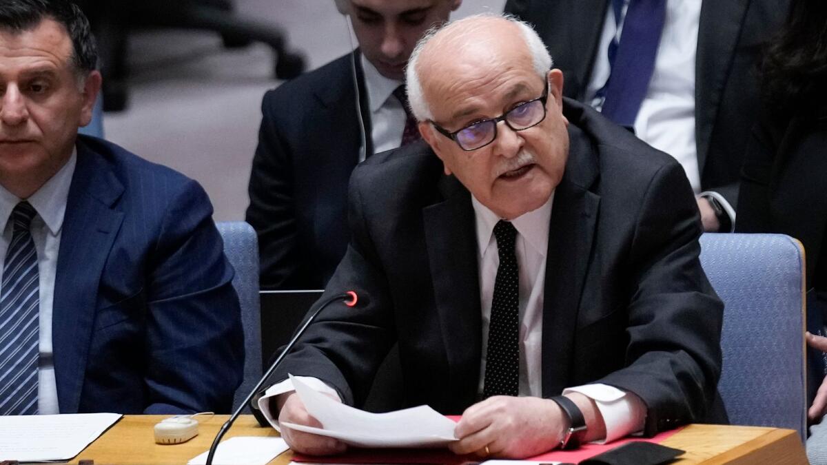 Riyad Mansour, the Palestinian representative to the United Nations, speaks during a Security Council meeting at United Nations headquarters on January 5, 2023.  — AP file