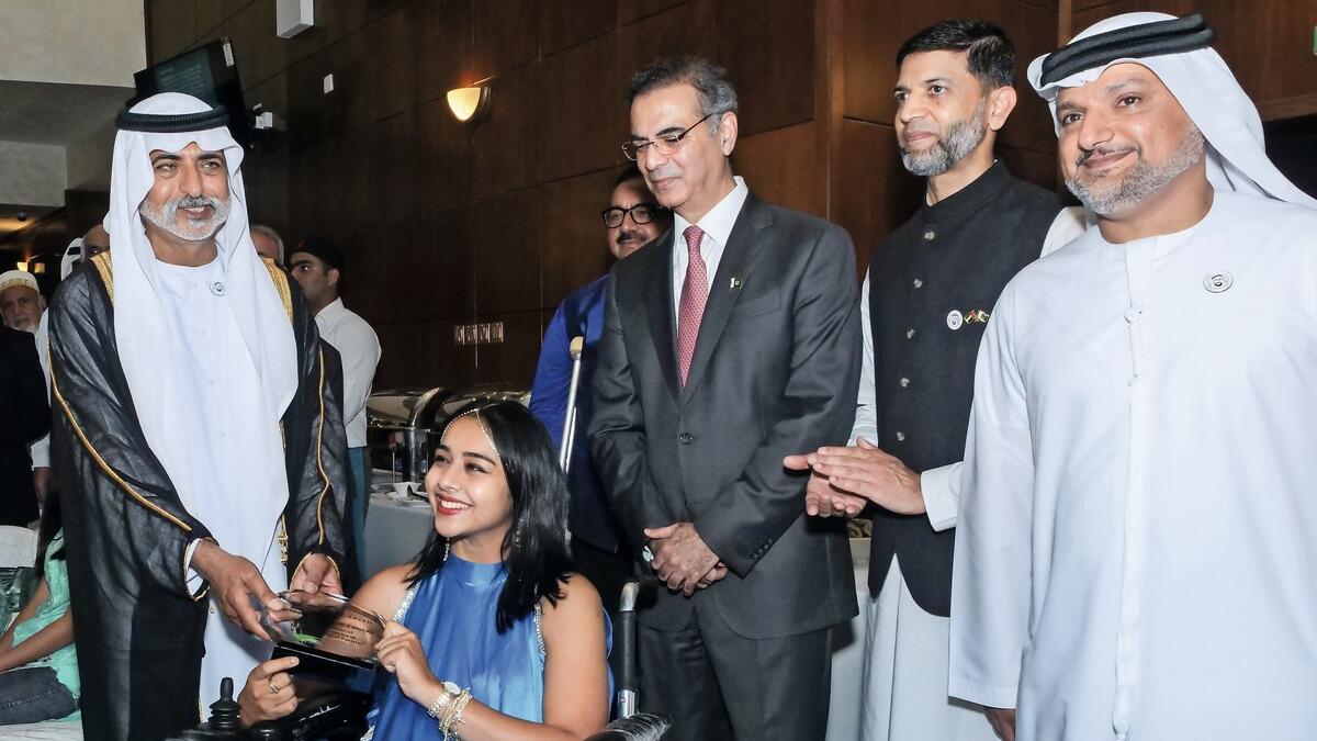 Pakistan Association of Dubai applauds Shobika Kalra for her efforts in building ramps in the UAE. Sheikh Nahyan, Ambassador Moazzam Ahmad Khan, President PAD Dr. Faisel Ikram with CEO Community Development Authority Dr. Omar Al Muthanna.