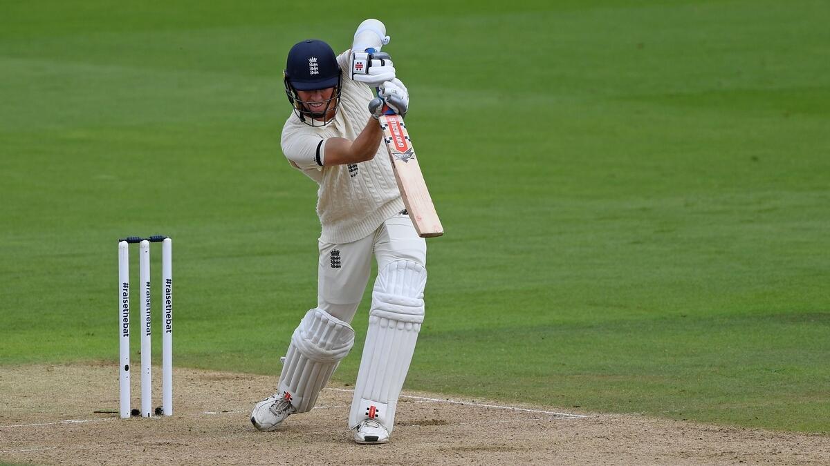 England's Zak Crawley plays a shot to reach his half-century on the first day of the third Test