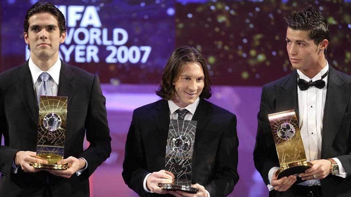 Messi collects his runner-up award at the 2007 World Player of the Year awards as finished second to Kaka with Cristiano Ronaldo third.