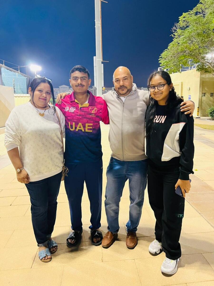 UAE captain Aayan Afzal Khan with his father Afzal Khan, mother Shahista Khan, and sister Afsha, after the team’s stunning win over Pakistan. — Supplied photo