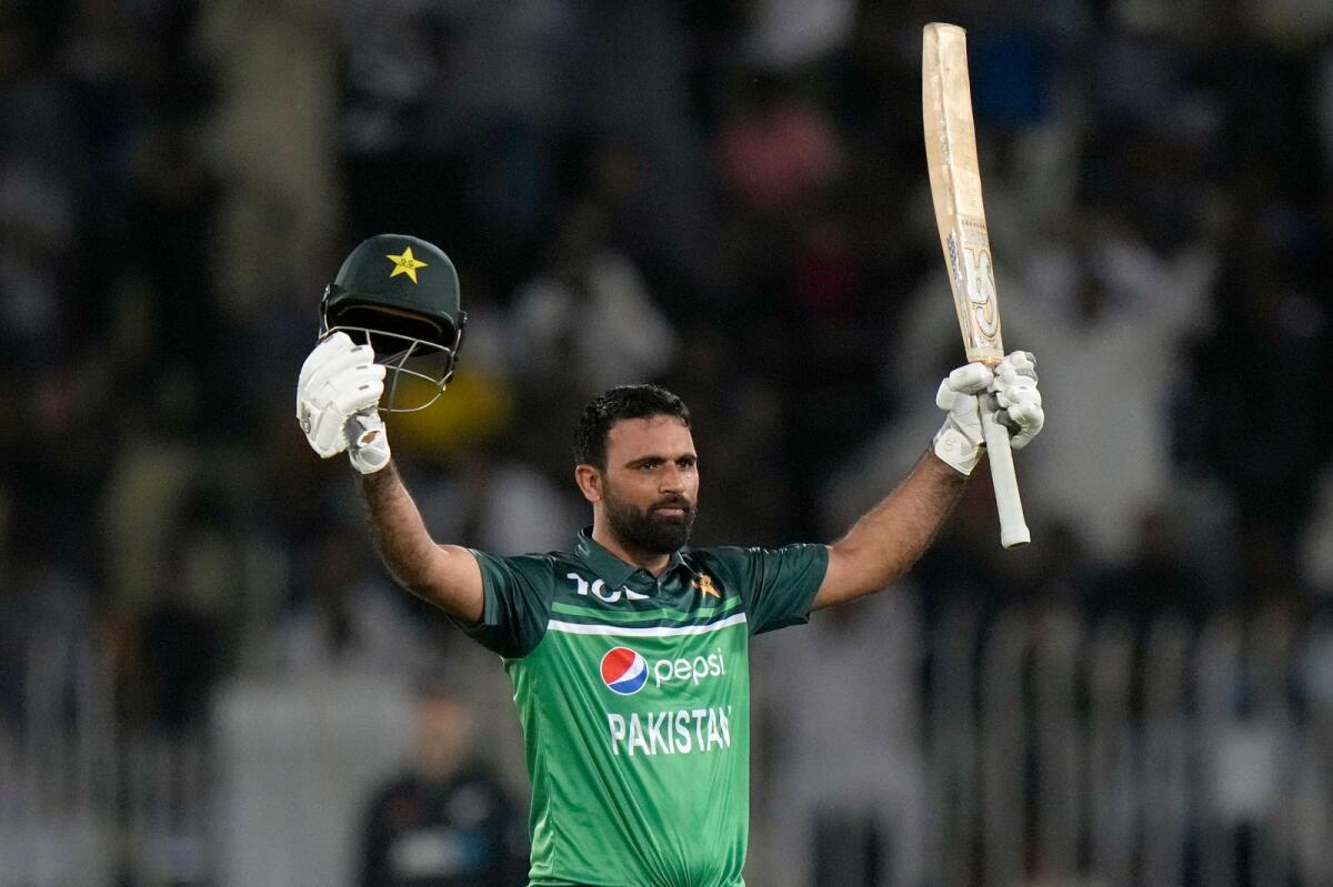 Pakistan's Fakhar Zaman celebrates his century. — AP