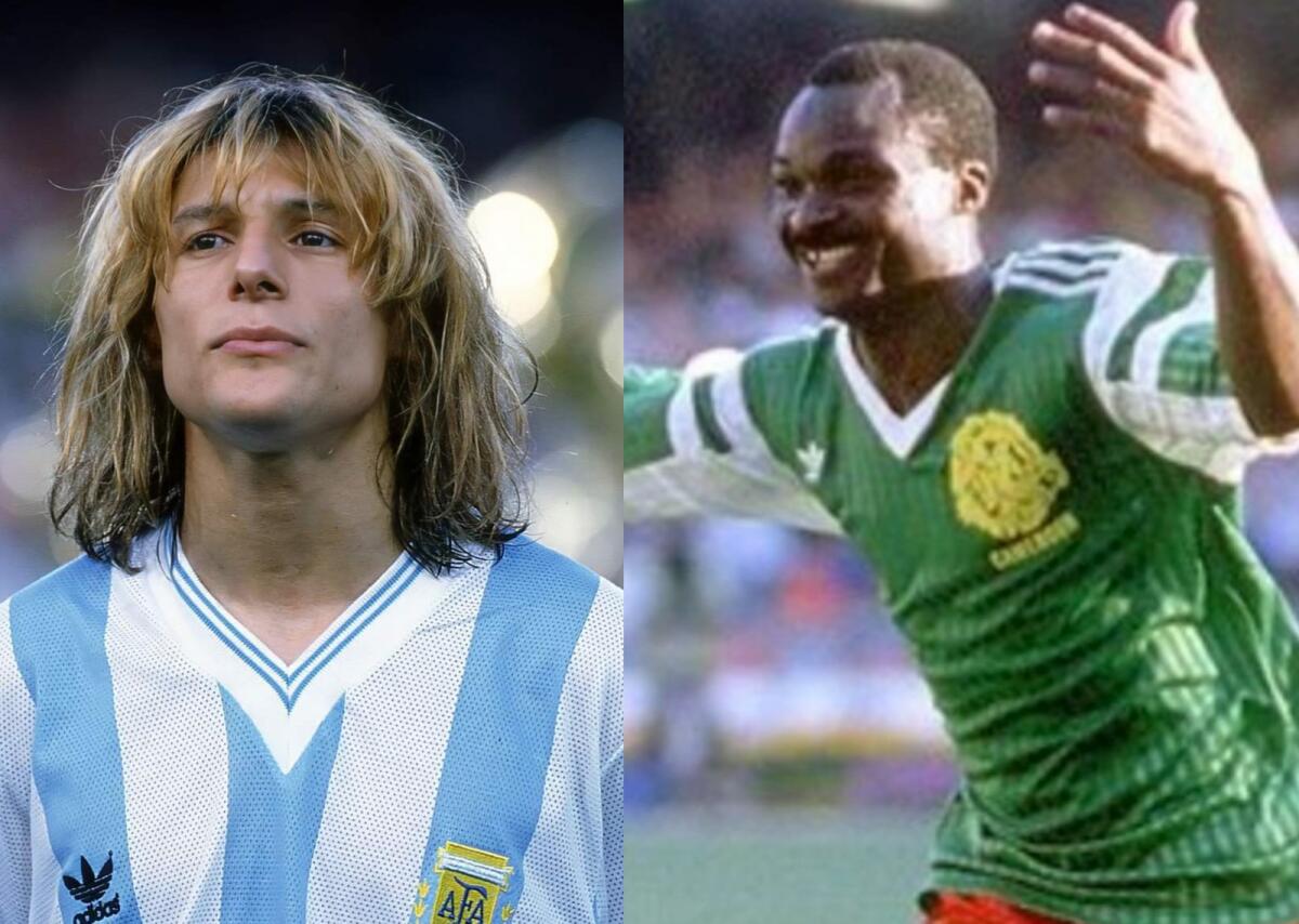 Claudio Caniggia (left) was dropped from the 1998 Argentina World Cup team for his hairstyle. Roger Milla came out of retirement and became a hero for Cameroon at the 1990 World Cup. (Twitter)