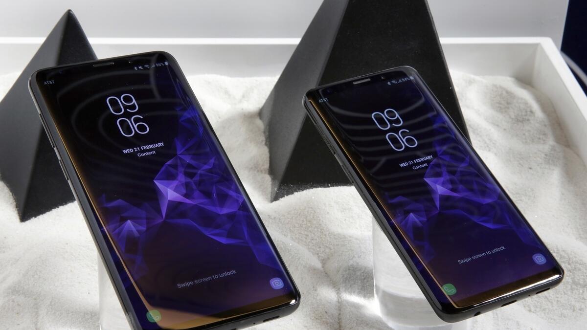 The Samsung Galaxy S9 Plus, left, and Galaxy S9 mobile phones are shown in this photo during a product preview in New York.- AP