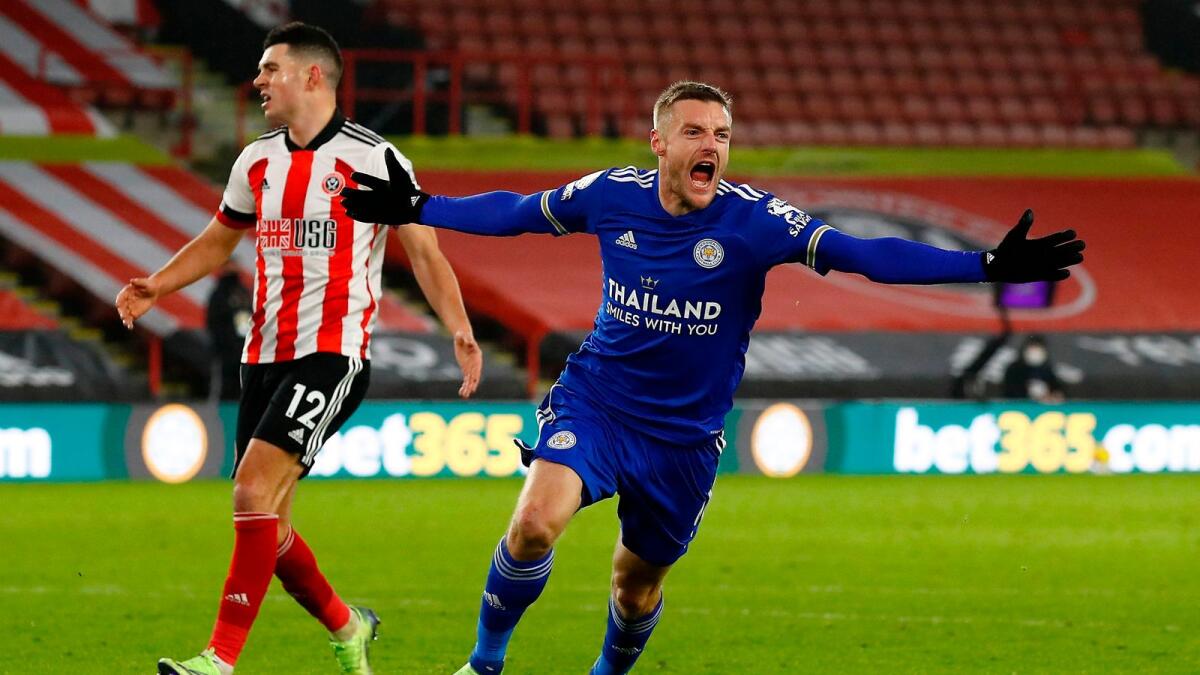 Leicester City's striker Jamie Vardy celebrates scoring his team's second goal during the English Premier League football match against Sheffield United. — AFP