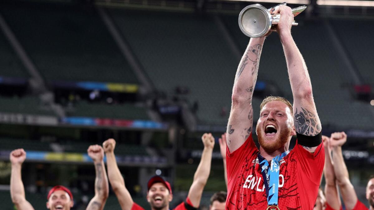 England's Ben Stokes celebrates with the trophy. — AFP