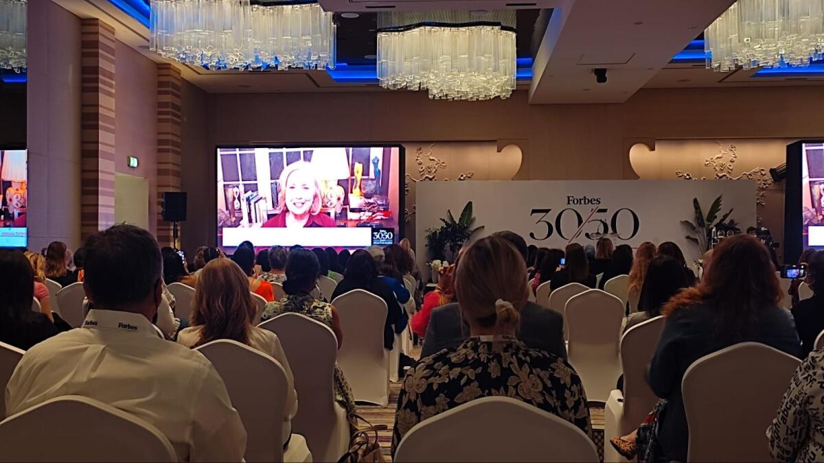 Hillary Clinton addressing the Forbes 30/50 Summit in Abu Dhabi. Photo: Ashwani Kumar