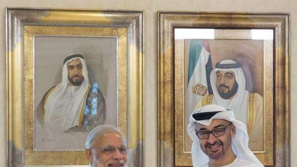 His Highness Shaikh Mohammed bin Zayed Al Nahyan, Crown Prince of Abu Dhabi and Deputy Supreme Commander of the UAE Armed Forces, receives Indian Prime Minister Narendra Modi In Abu Dhabi in 2015.