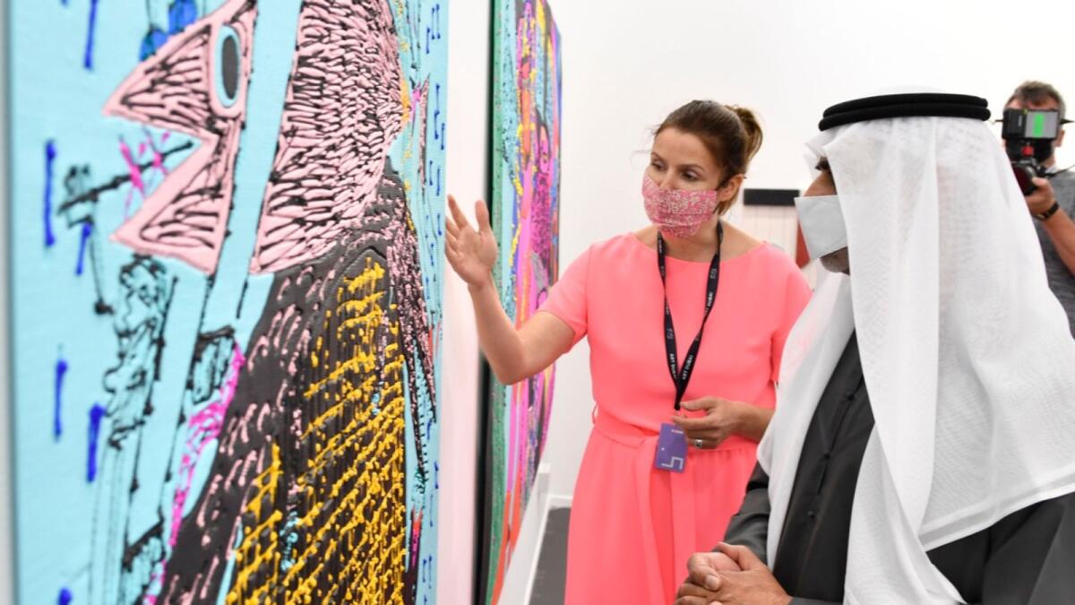 Sheikh Nahyan bin Mubarak visits galleries after opening Art Dubai 2021 at DIFC on Monday. — Courtesy: Twitter