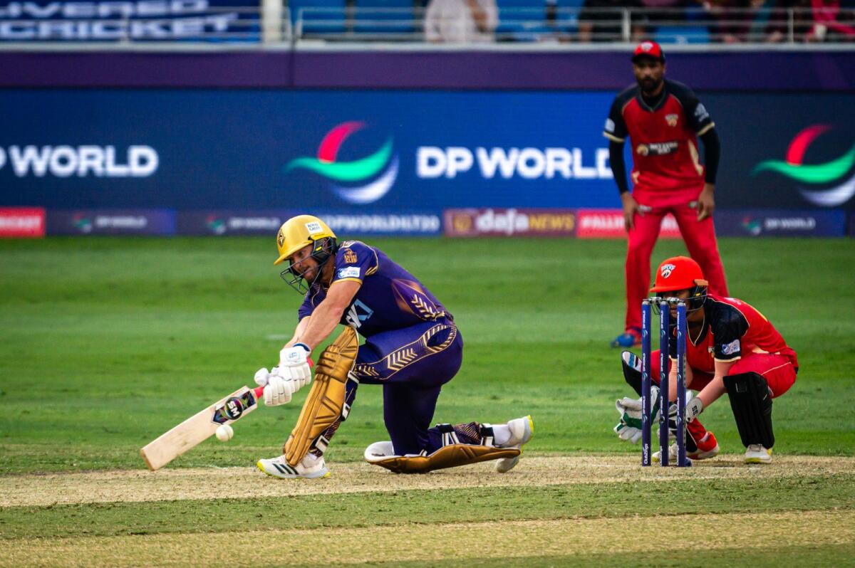 Abu Dhabi Knight Riders' Andries Gous plays a shot during the match against Desert Viper at the Dubai International Cricket Stadium on Sunday. — Photos by Neeraj Murali