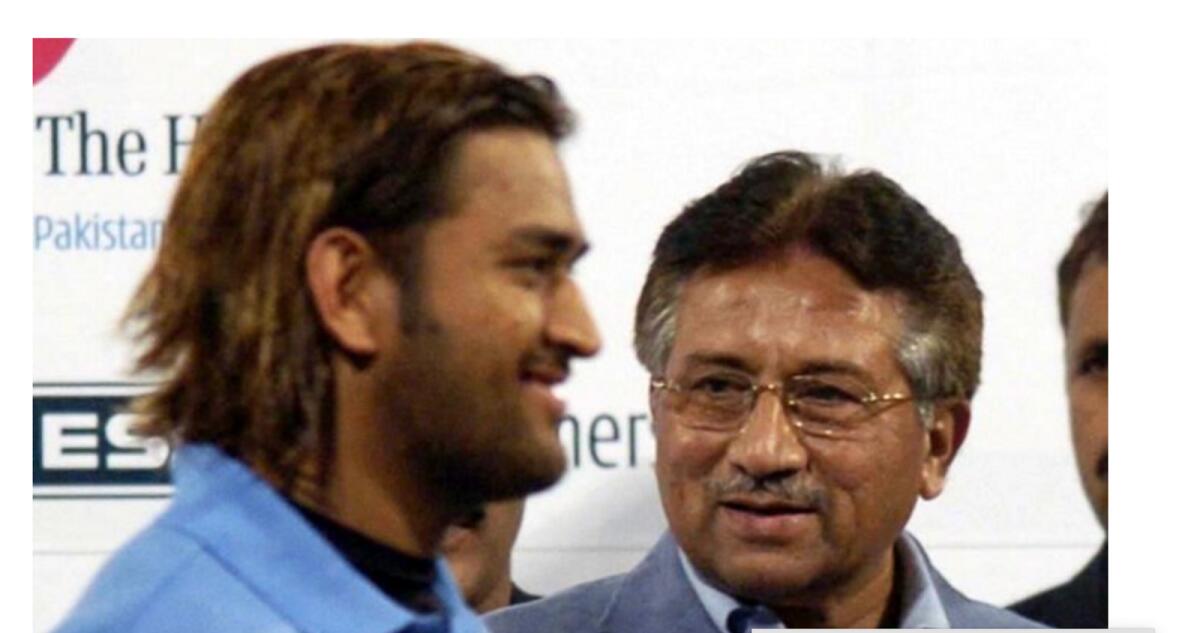 Pakistan's then president Pervez Musharraf with indian cricketer MS Dhoni after the ODI match between India and Pakistan at Gaddafi Stadium in Lahore, Pakistan, in 2006. -- PTI file