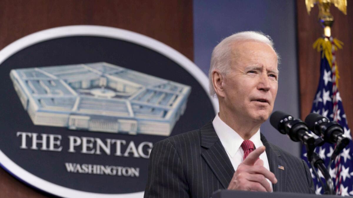 Joe Biden speaks at Pentagon during his first visit as president on Wednesday. — AP