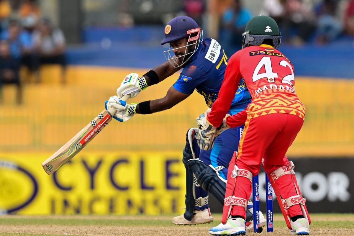 Sri Lanka's Charith Asalanka plays a shot during the first one-day international (ODI)against Zimbabwe at the R. Premadasa Stadium in Colombo. - AFP