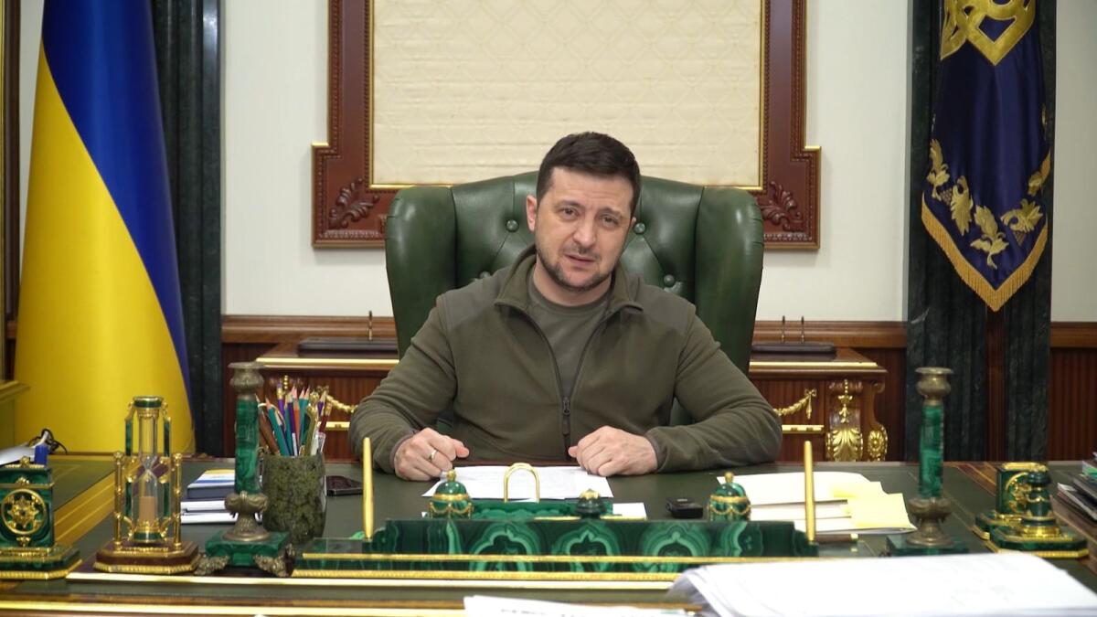 This handout video grab taken and released by the Ukraine Presidency press service on March 7, 2022 shows Ukrainian President Volodymyr Zelensky speaking in the capital Kyiv. Photo: AFP