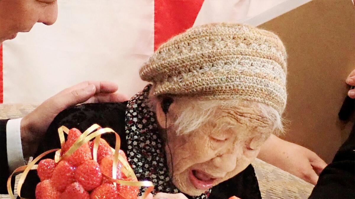 Kane Tanaka celebrates   the official recognition of Guinness World Records' world's oldest verified living person on March 9, 2019. Photo: AFP
