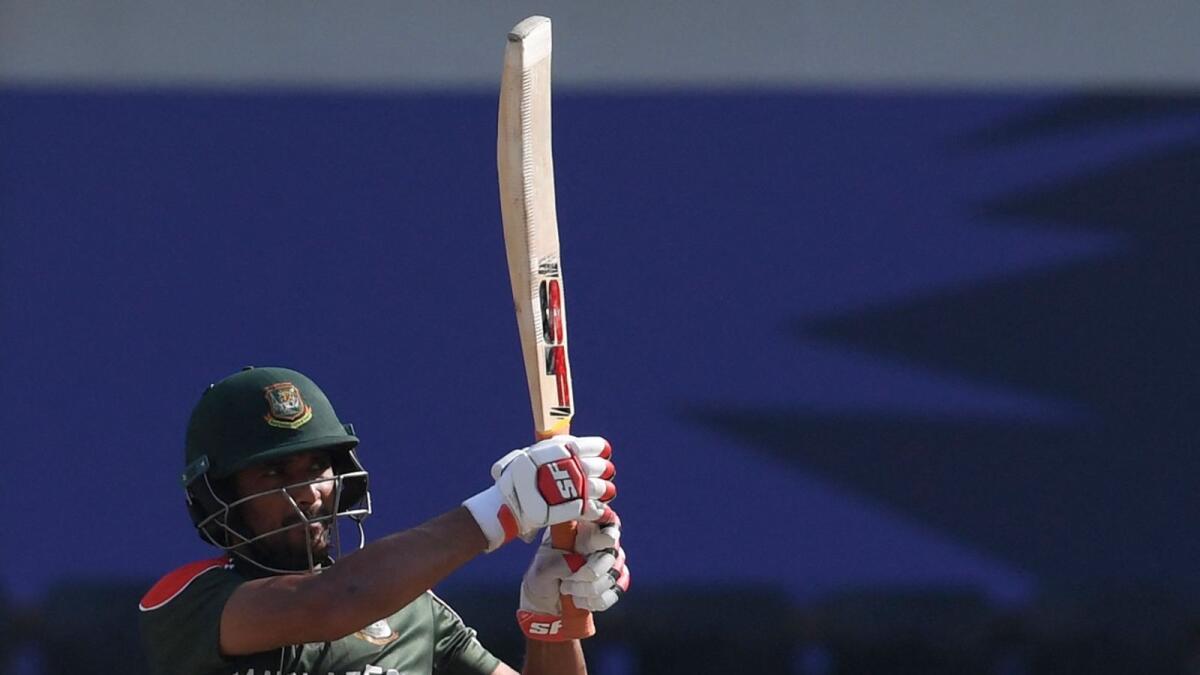 Bangladesh captain Mahmudullah plays a shot during the match against Australia in Dubai on Thursday. (AFP)