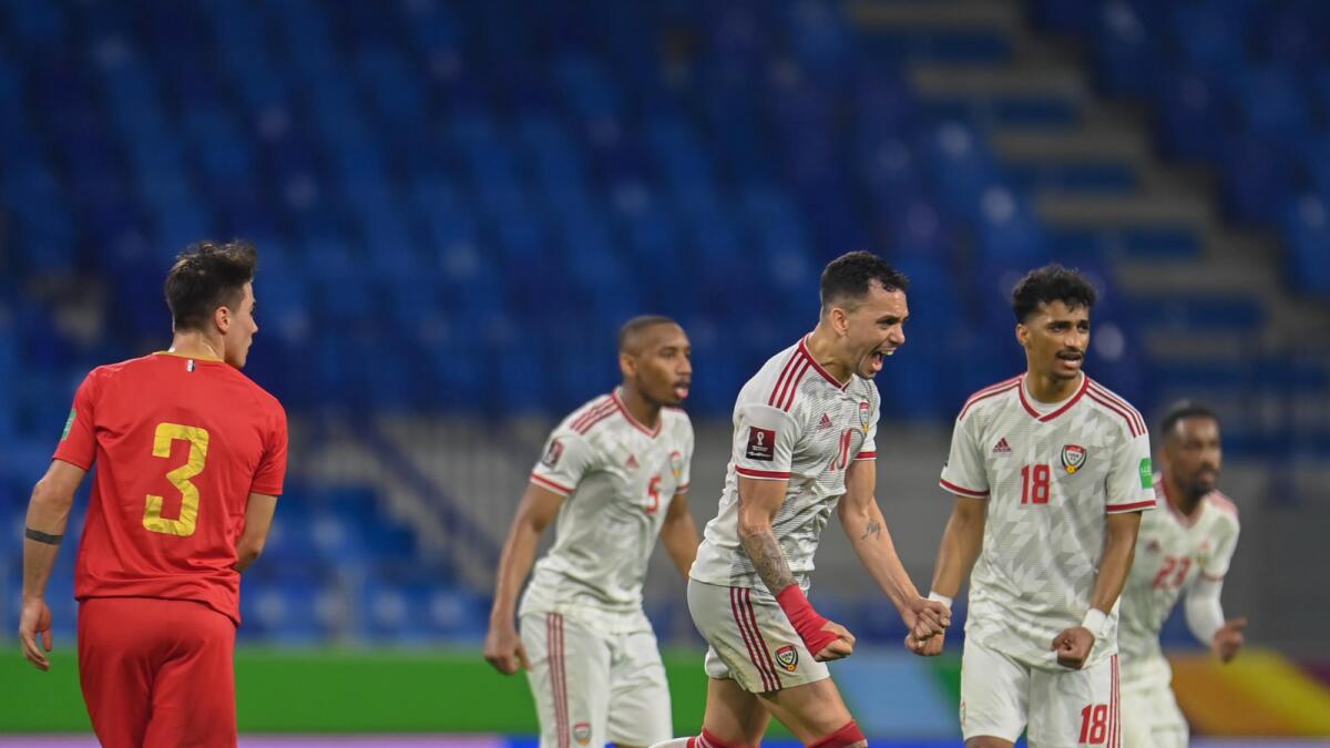 UAE's Caio Canedo (second right) celebrates after scoring a goal against Syria in the Fifa World Cup qualifier on Thursday. (UAE National Team Twitter)