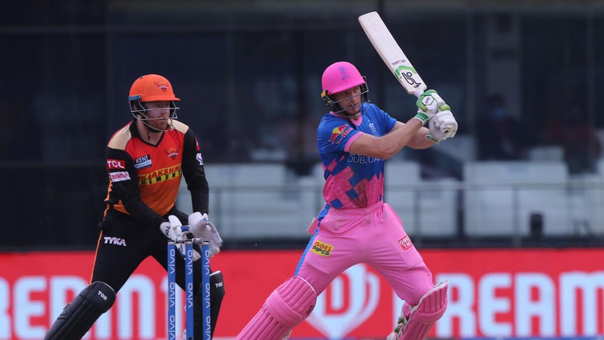 Jos Buttler of the Rajasthan Royals plays a shot against Sunrisers Hyderabad in New Delhi on Sunday. — BCCI/IPL