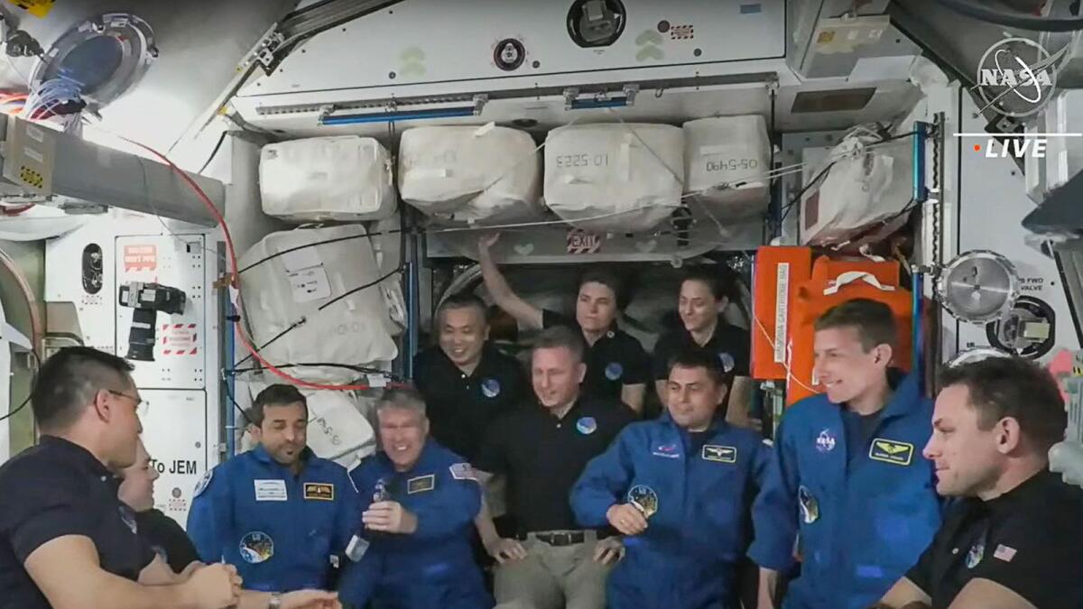 This handout screen grab courtesy of Nasa TV shows Mission Specialist Sultan AlNeyadi and other members of Crew-6 aboard the ISS. — Courtesy: Nasa