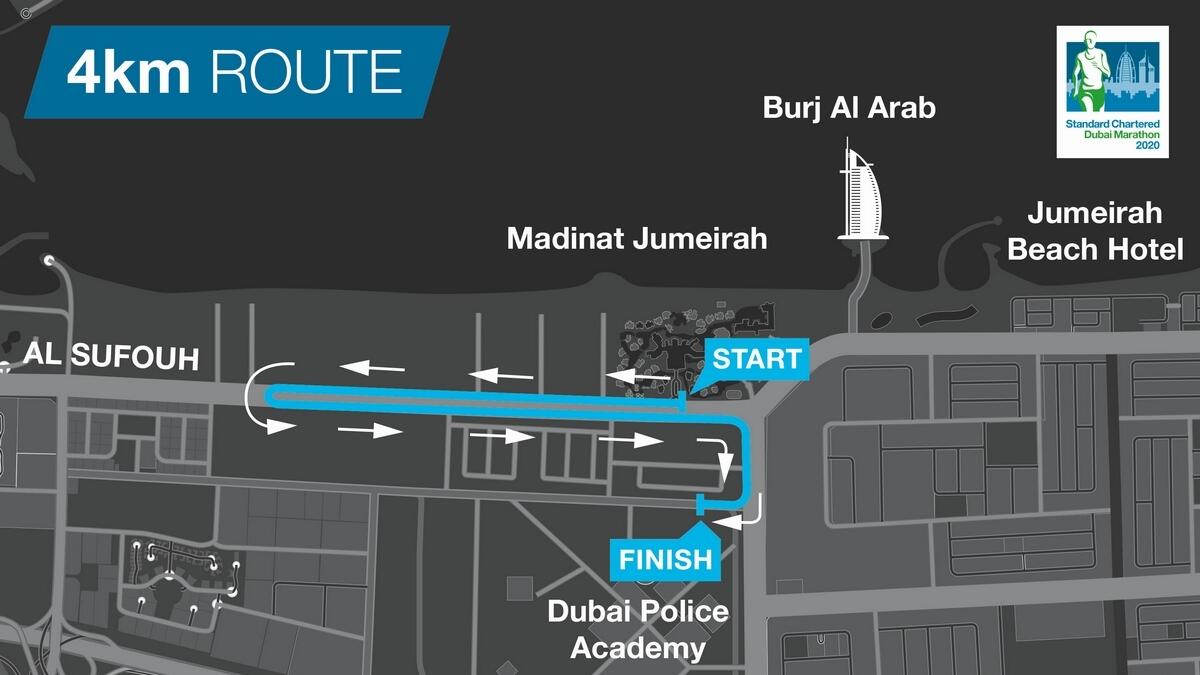 4km Fun Run: Runners participating in the 4km Fun Run will start on the opposite side of the Al Sufouh Road at 11:00 am and finish on Abdulla Omran Taryam Street.