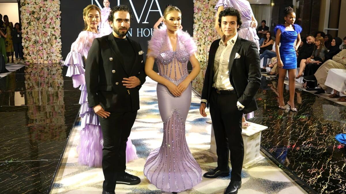 Niva Fashion House CEO Ahmed El Dakroury (right) and Manager Amr El Kady at the grand finale of the DXB Fashion Week. — Supplied photo