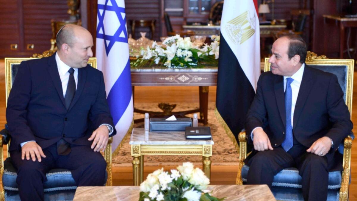 Egyptian President Abdel Fattah Al Sisi meets Israeli Prime Minister Naftali Bennett in the Egyptian town of Sharm Al Sheikh. — AFP