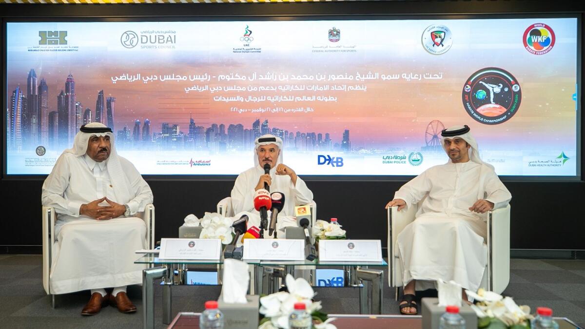 Saeed Hareb (centre), Secretary General of Dubai Sports Council, at the press conference. (Supplied photo)