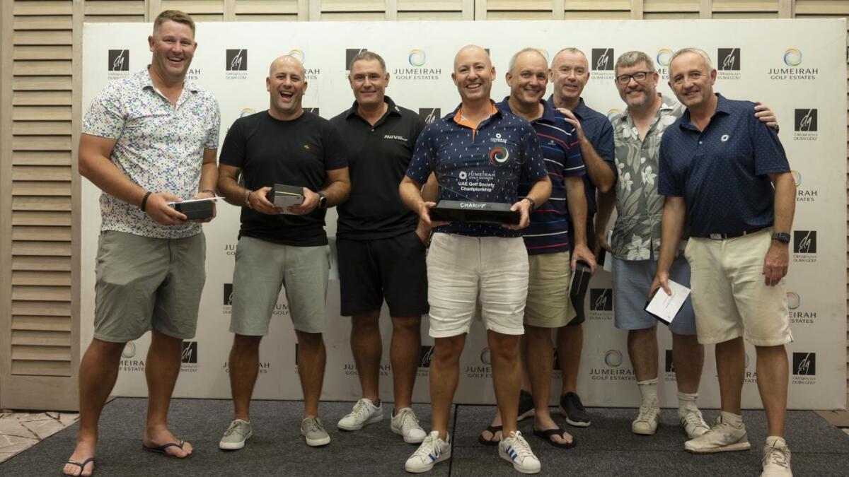 Winners of the recent UAE Golf Society Championship at JGE: (left to right) David Marshall, Mark Schoombie, Steve Drake, Noel O’Leary (Vice Captain) Chris Wilmot,Jamie Clarke, Martin McGuigan and Andy Speirs. - Supplied photo