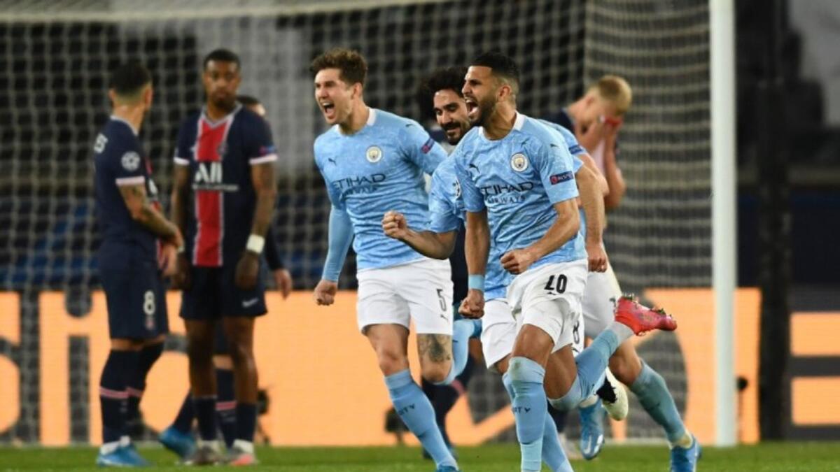 Manchester City players celebrate a goal in the first leg of the Champions League semifinal against PSG. (Man City Twitter)