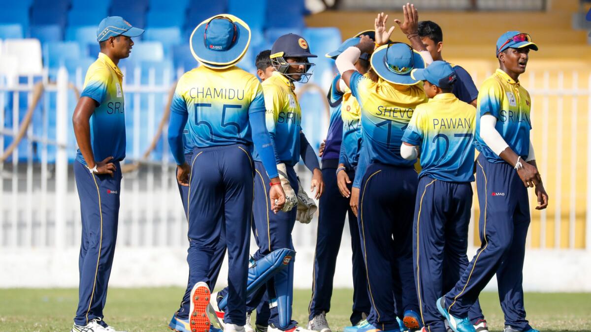 Sri Lankan players celebrate a wicket during the match against Nepal. (Asian Cricket Council Twitter)