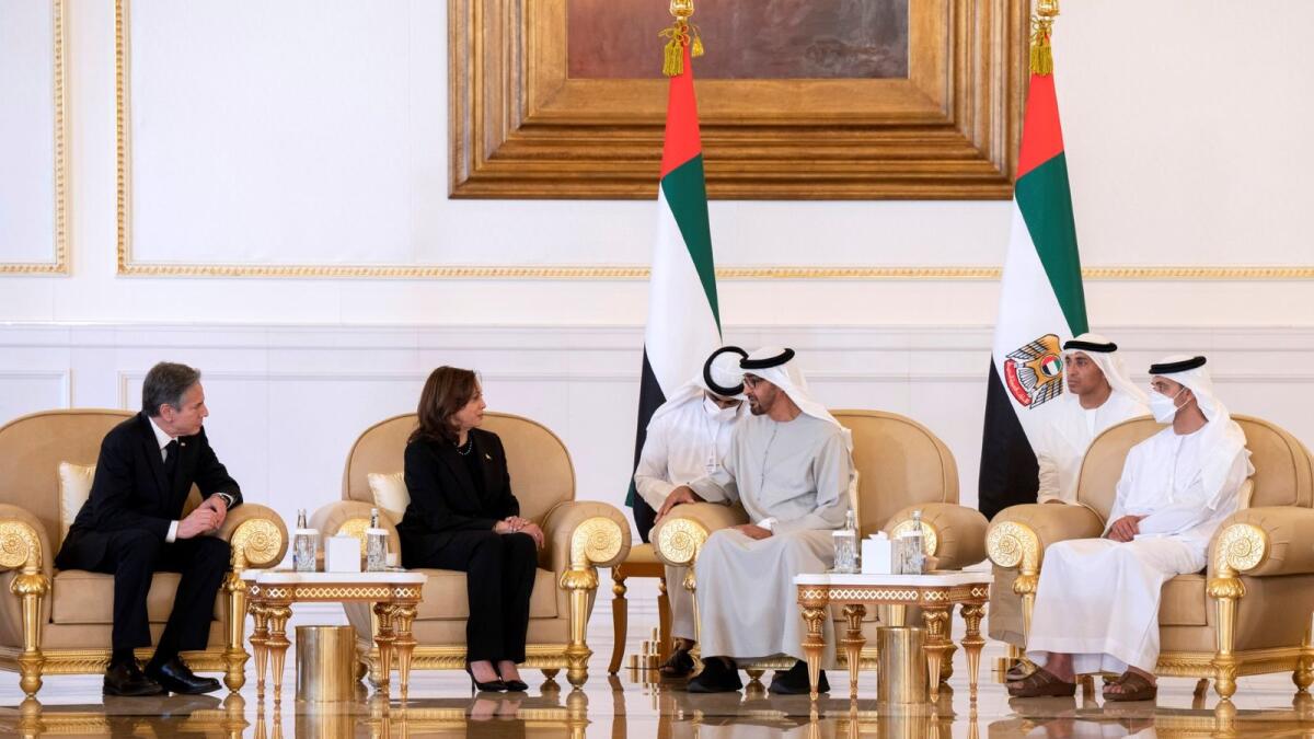 US Vice President Kamala Harris and US Secretary of State Antony Blinken (L) offering condolences to Sheikh Mohamed bin Zayed al Nahyan. Photo: AFP