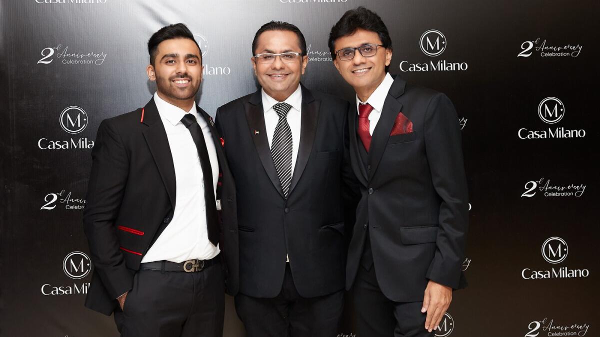 Rizwan Sajan, founder and chairman of Danube Group, with Anis Sajan, vice-chairman of Danube Group and Azhar Sajan during the celebration of Casa brand turning two on Wednesday.