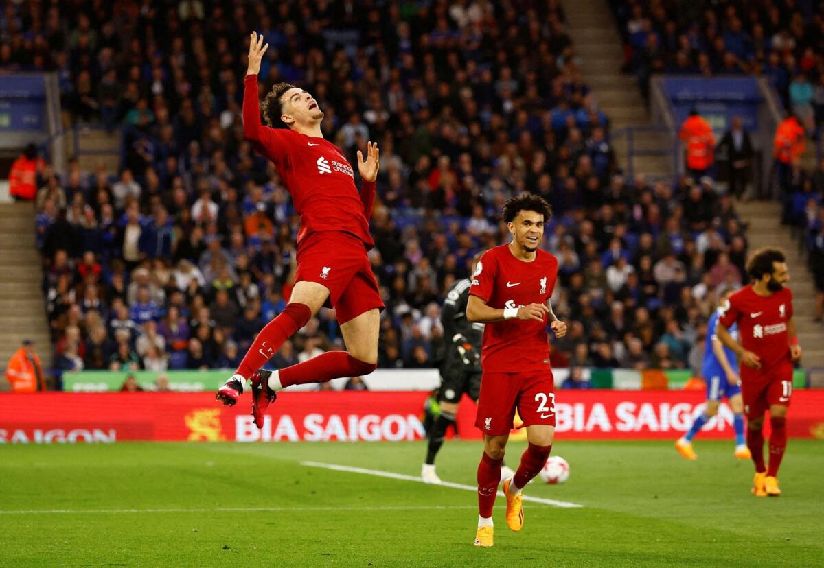 Liverpool's Curtis Jones celebrates scoring their second goal. — Reuters