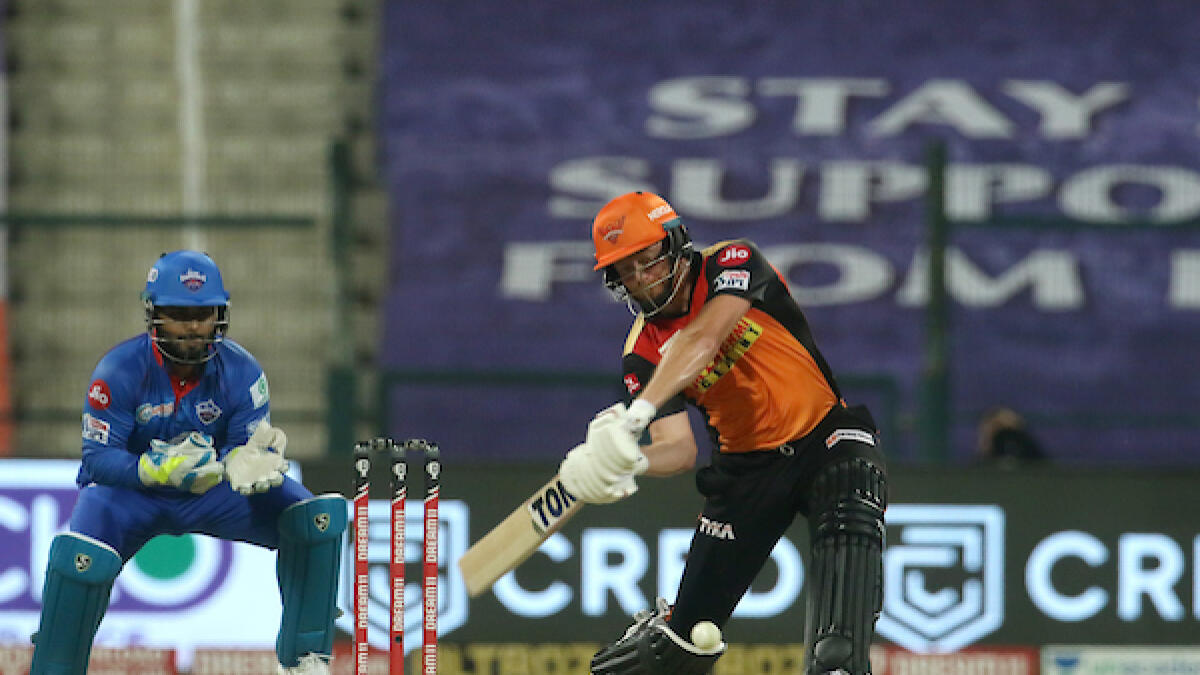 Sunrisers Hyderabad opener Jonny Bairstow plays a shot against Delhi Capitals in Abu Dhabi on Tuesday night. - BCCI/IPL