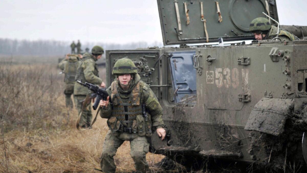 Russian troops take part in drills at the Kadamovskiy firing range in the Rostov region in southern Russia. — AP