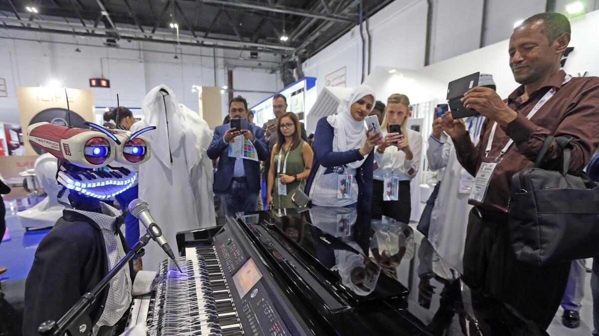 Teotronico robot sings and plays the piano at the delight of the visitors during the Gitex Technology Week 2018 inm Dubai.- Photo by Dhes Handumon
