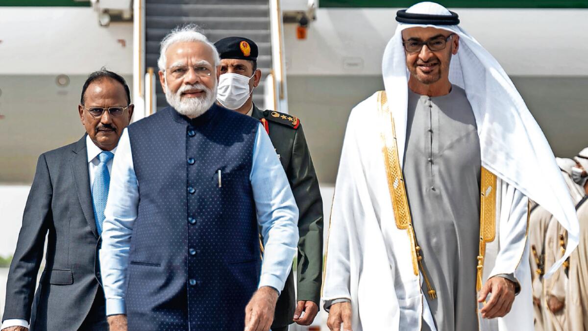 The UAE President, His Highness Sheikh Mohamed bin Zayed Al Nahyanreceives India Prime Minister Narendra Modi in Abu Dhabi on June 28. — AFP