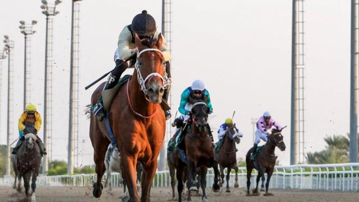 Bernardo Pinheiro rides Dalil De Carrere to victory in the Wathba Stallions Cup For Private Owner Only Purebred Arabian handicap at the Al Ain Racecourse on Friday night. — Emirates Racing Authority