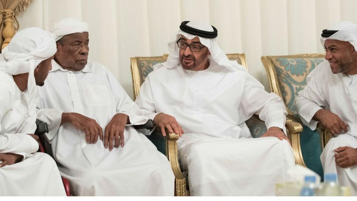 Shaikh Mohammed bin Zayed Al Nahyan offers condolences to the family of Saeed Juma Al Falasi at the mourning tent at Al Wasl.