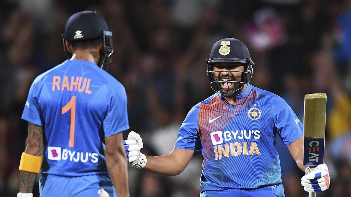 Rohit Sharma celebrates with KL Rahul after hitting the winning runs in the super over against New Zealand.