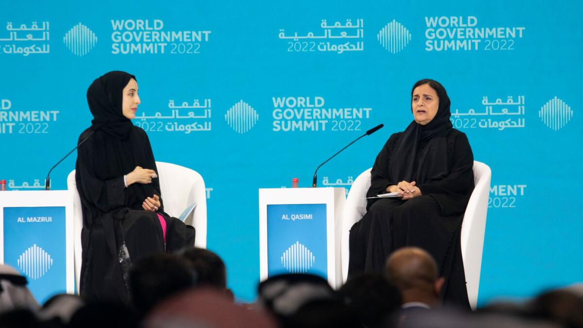 Sheikha Lubna Khalid Al Qasimi, First Female Minister, with Shamma Suhail Faris Al Mazrui, Minister of State for Youth during the World Government Summit in Dubai. Photo by Shihab
